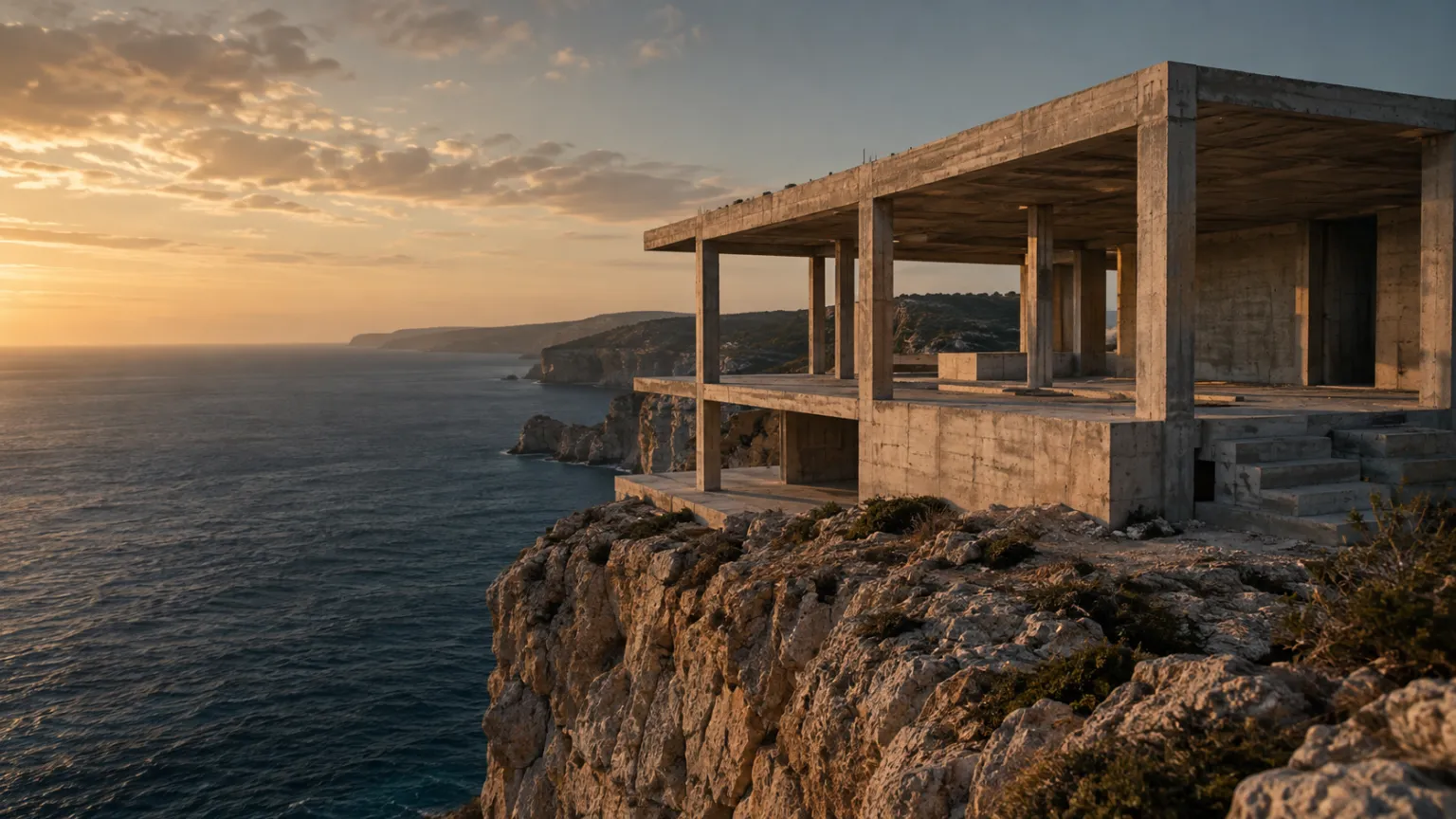 Illustration of a bare concrete villa shell of columns and slabs on a limestone clifftop above the ocean, no finishes, golden light