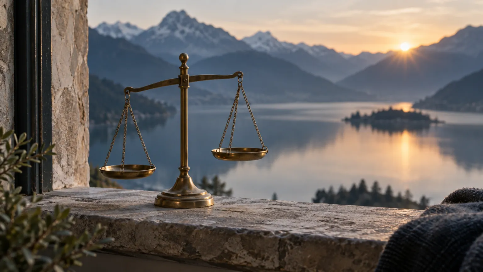 Illustration of a small brass weighing balance on a stone windowsill, one pan slightly lower, a mountain lake behind at first light