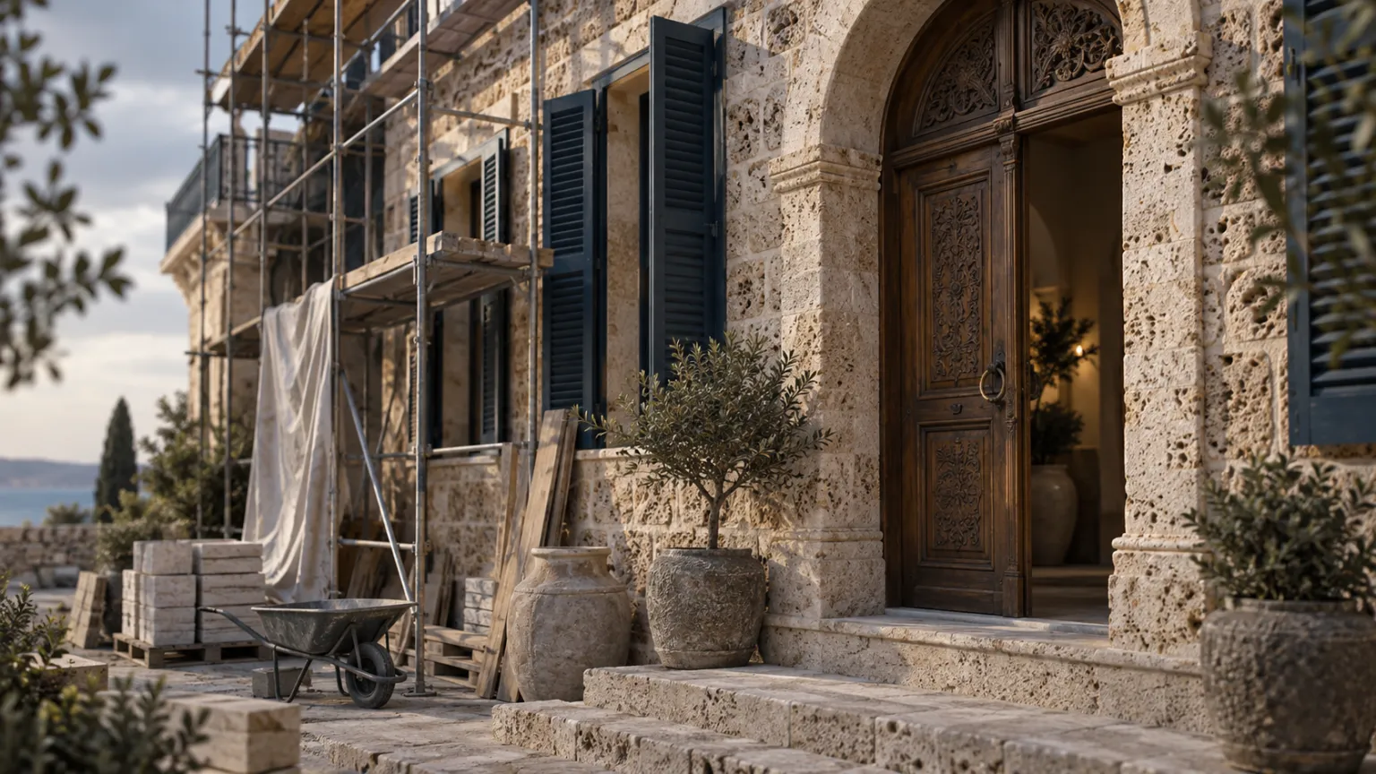 Illustration of an old coral-stone townhouse with a carved wooden door being converted into a small hotel, scaffolding and new shutters