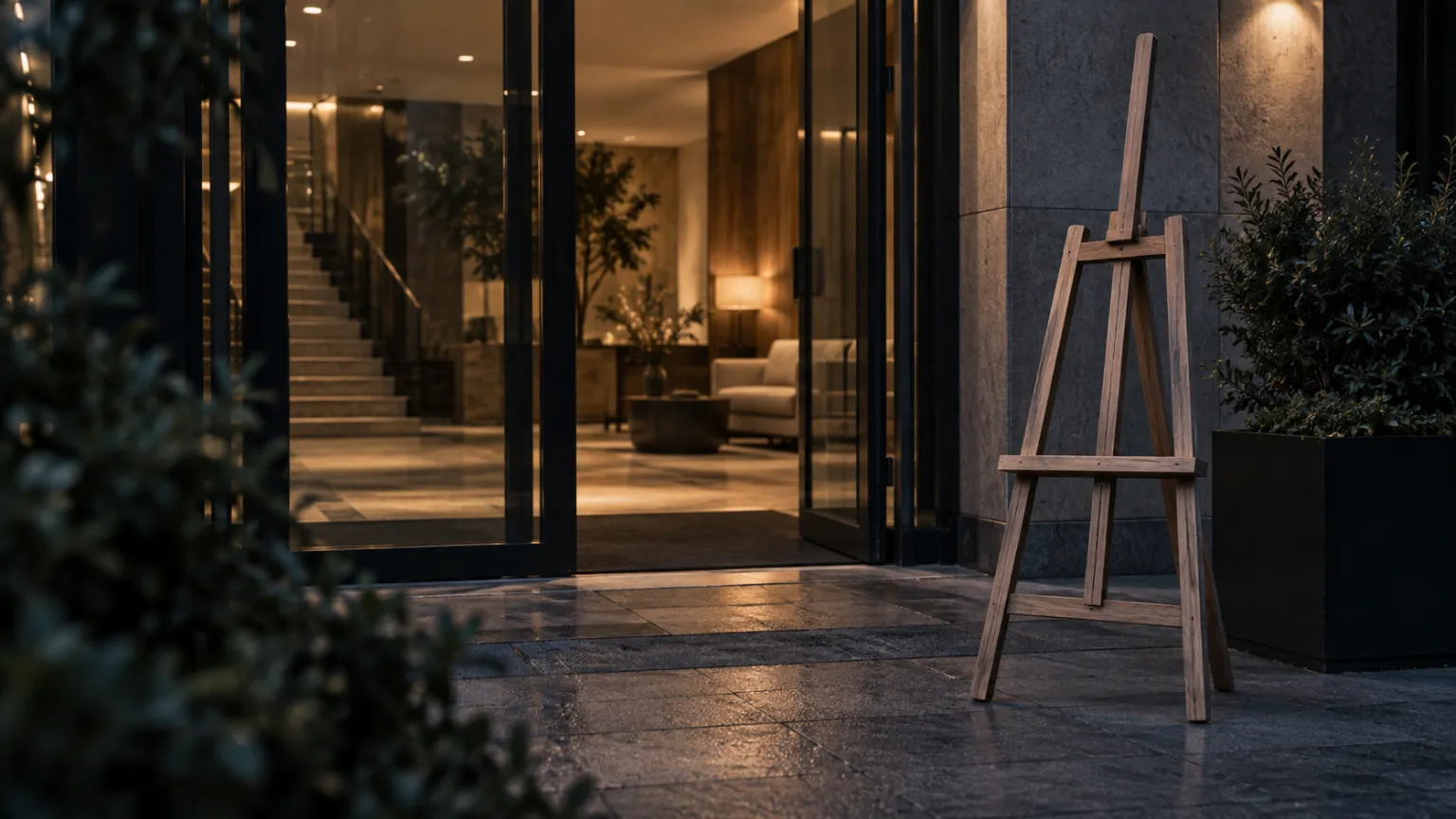 Illustration of a warmly lit residential lobby seen from the street through tall glass doors at dusk, an empty wooden easel standing on the pavement outside