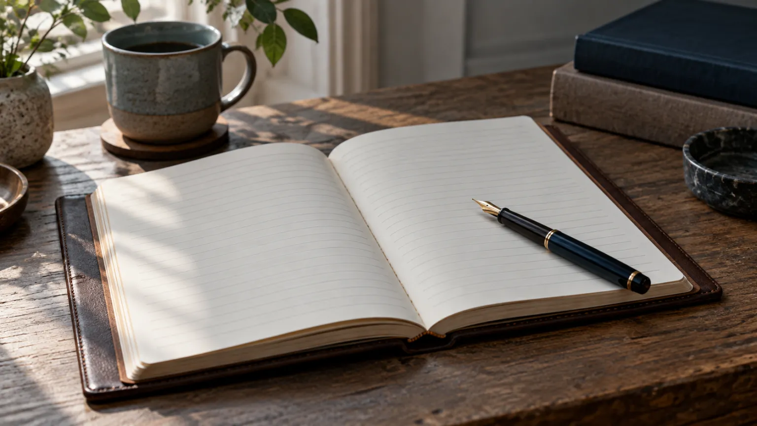 Illustration of a leather-bound ledger open on blank ruled pages with a fountain pen, morning window light