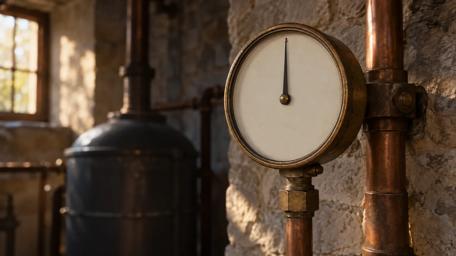 Illustration of an old brass pressure gauge with a blank dial and its needle at mid-range on a copper pipe against the stone wall of a villa boiler room