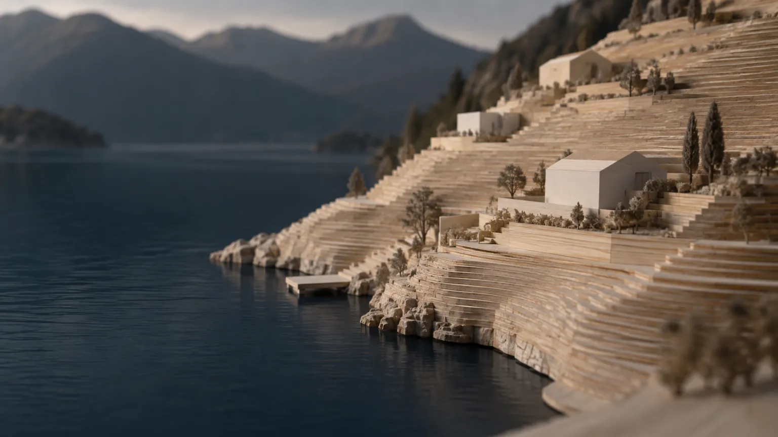 Illustration of a pale wooden topographic model of a steep lakeside slope with a few small white building blocks set on its terraces