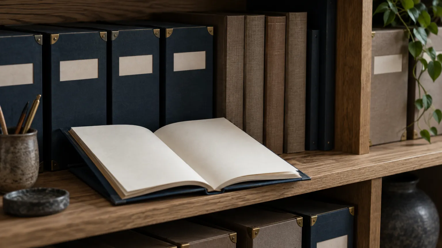 Illustration of an ordered row of closed archive boxes and bound folders on oak shelving, one folder open on blank pages