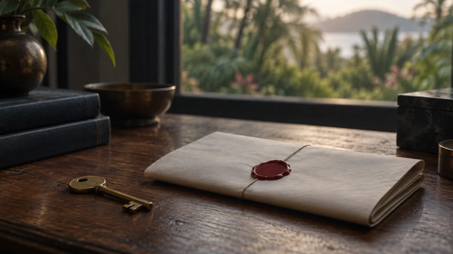 رسم توضيحي لمفتاح نحاسي ومخطط أرض مطوي بلا كتابة مقروءة، مختوم بالشمع الأحمر على مكتب خشبي، وحديقة استوائية ضبابية خلف النافذة