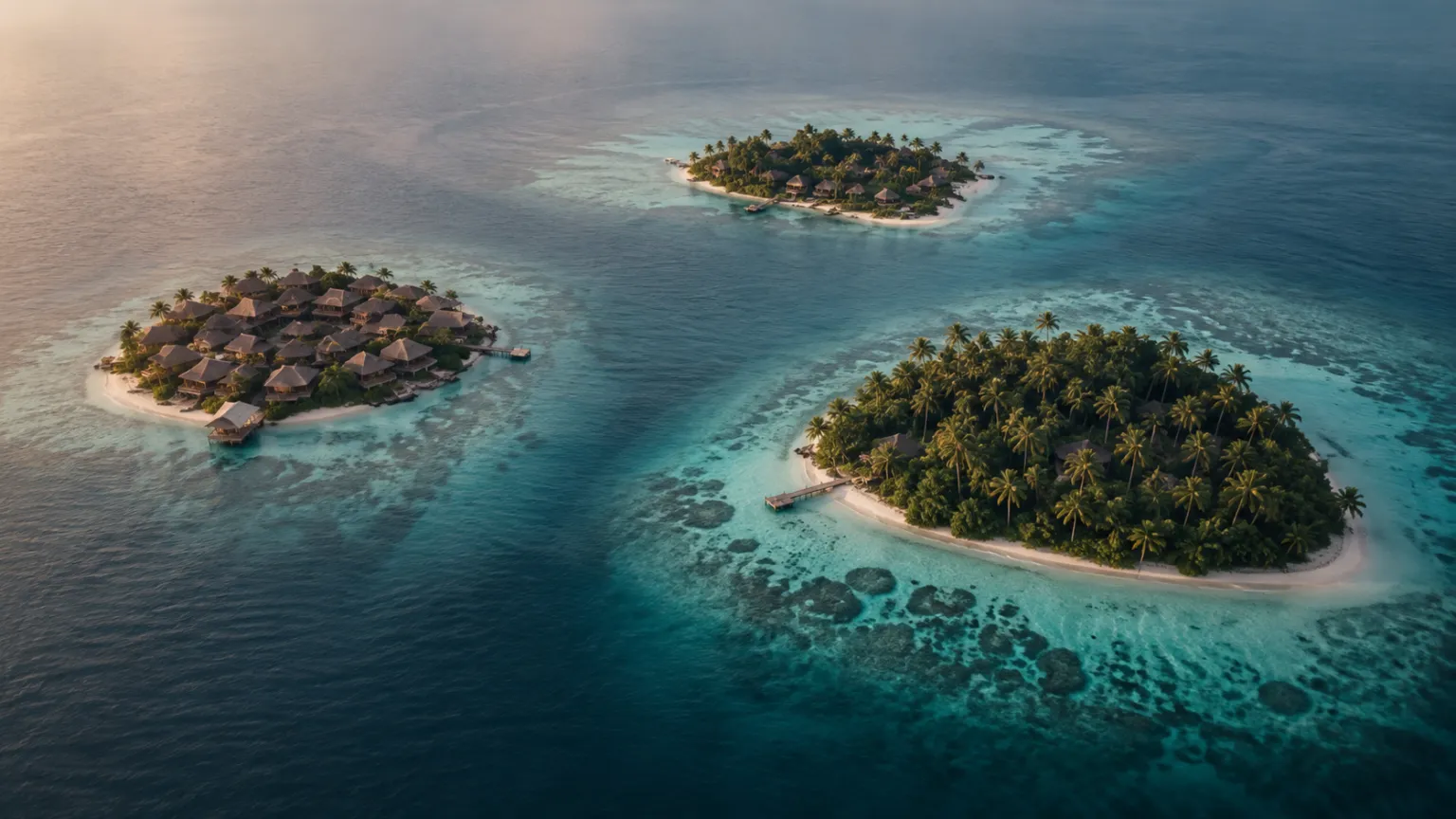 Illustration of three small low islands on a turquoise sea seen from a high vantage point, each with a different density of palms and roofs