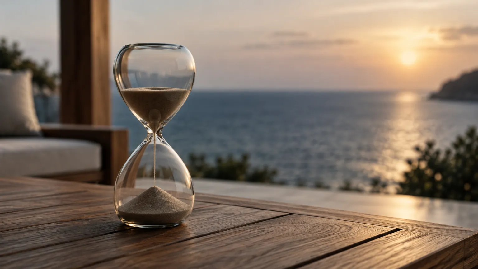 Illustration of an hourglass on a teak table on a villa veranda in late afternoon, the sea blurred behind