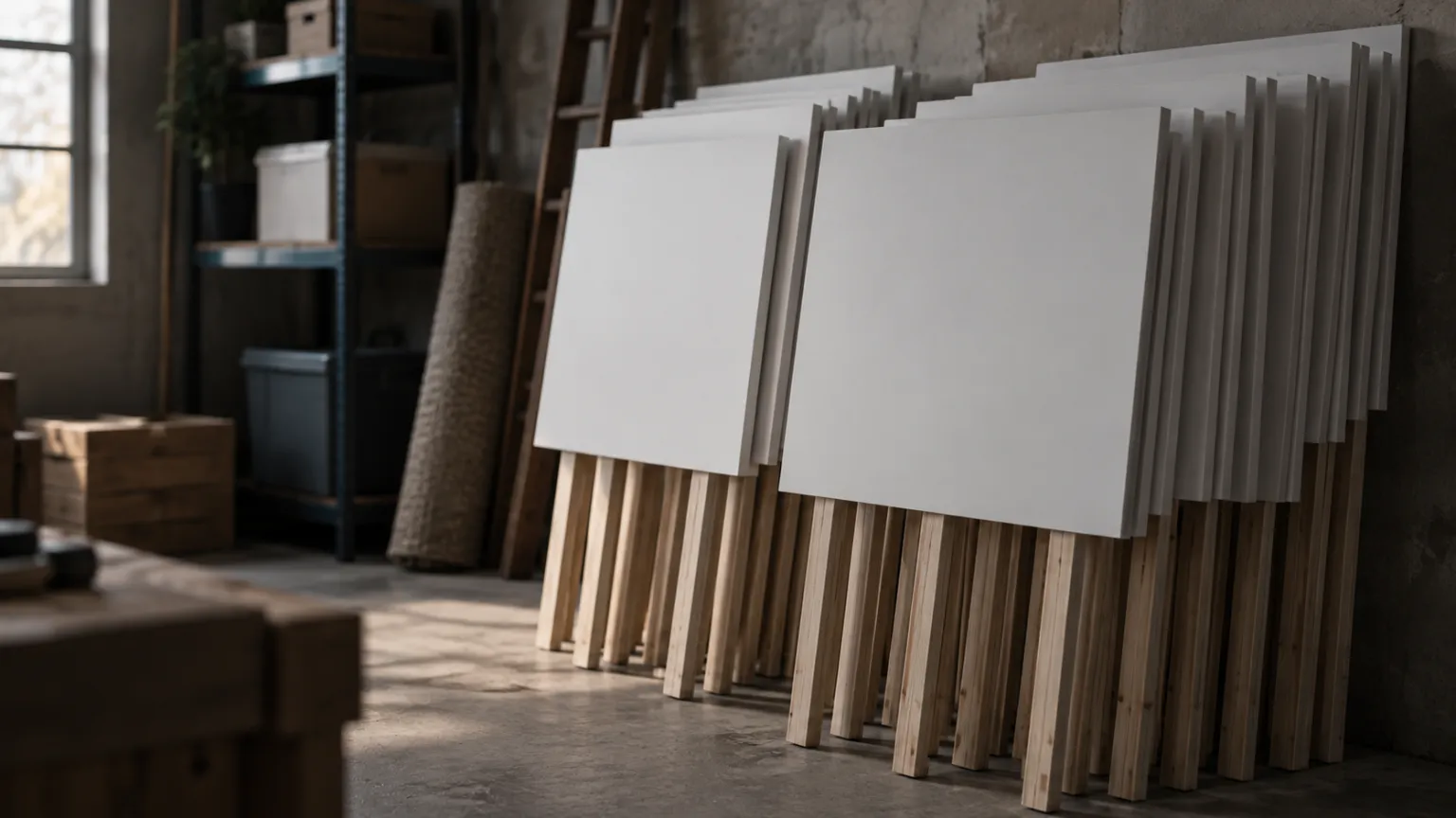 Illustration of a storage room stacked with identical blank estate-agent boards leaning against a wall, soft side light