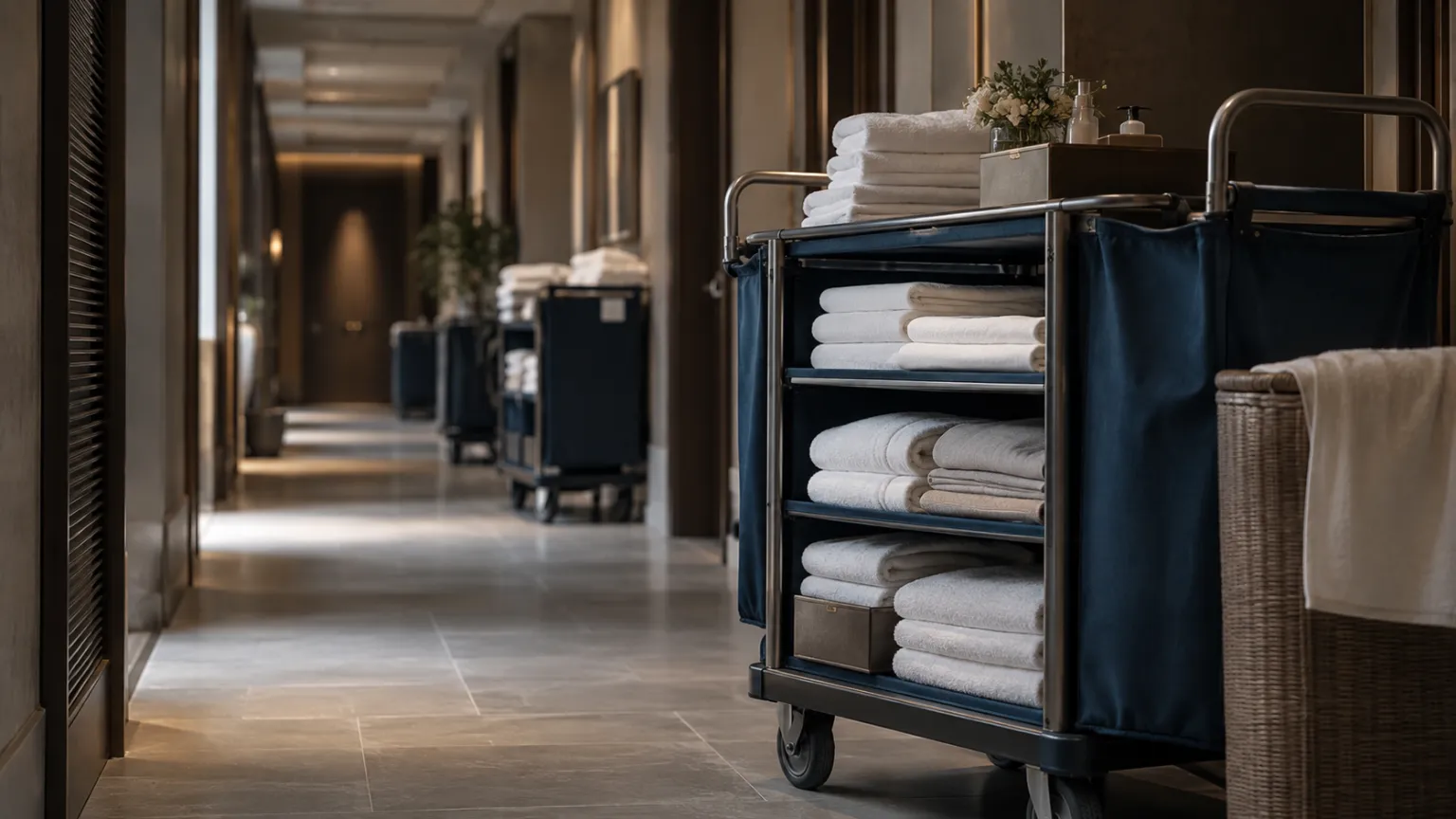 Illustration of a service corridor behind a luxury residence with housekeeping carts and neatly stacked linen