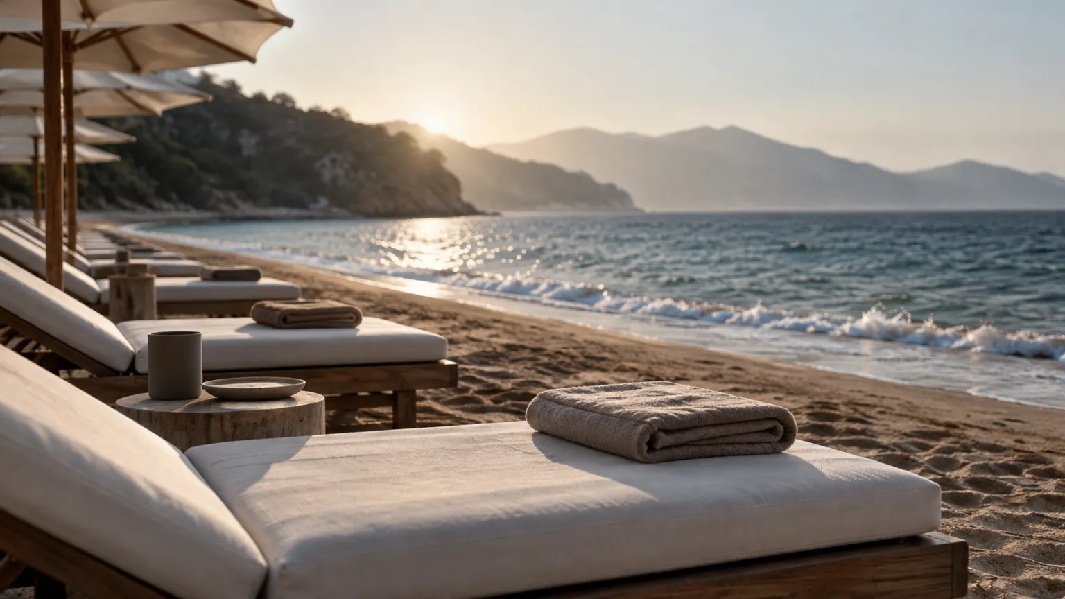 Illustration of rows of white sun loungers with folded towels along a beach in the morning, each placed slightly differently