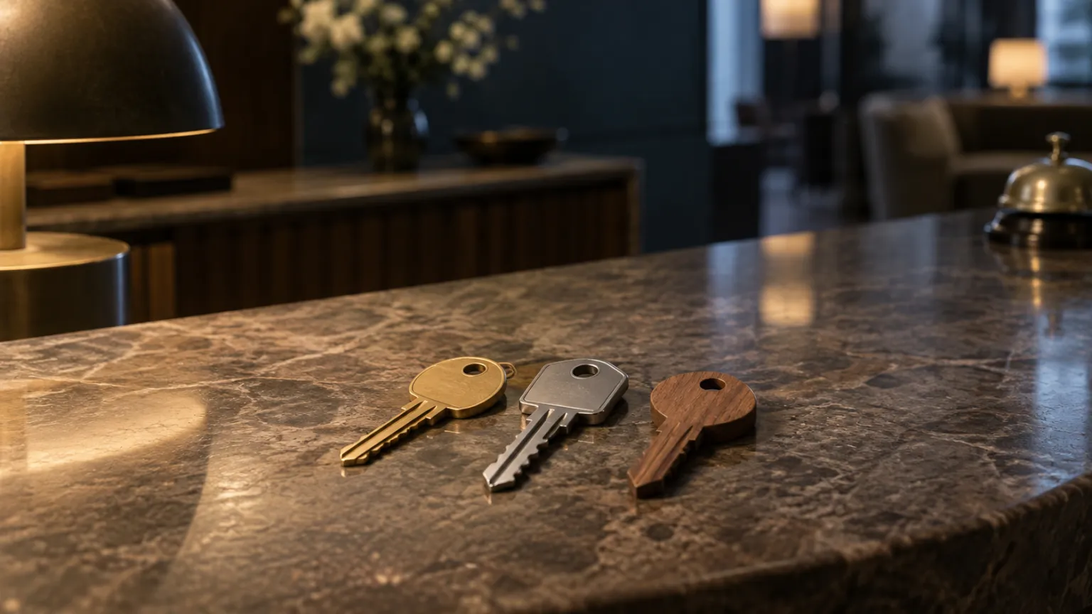 Illustration of three keys of different design, brass, steel and wood, laid side by side on a hotel reception desk