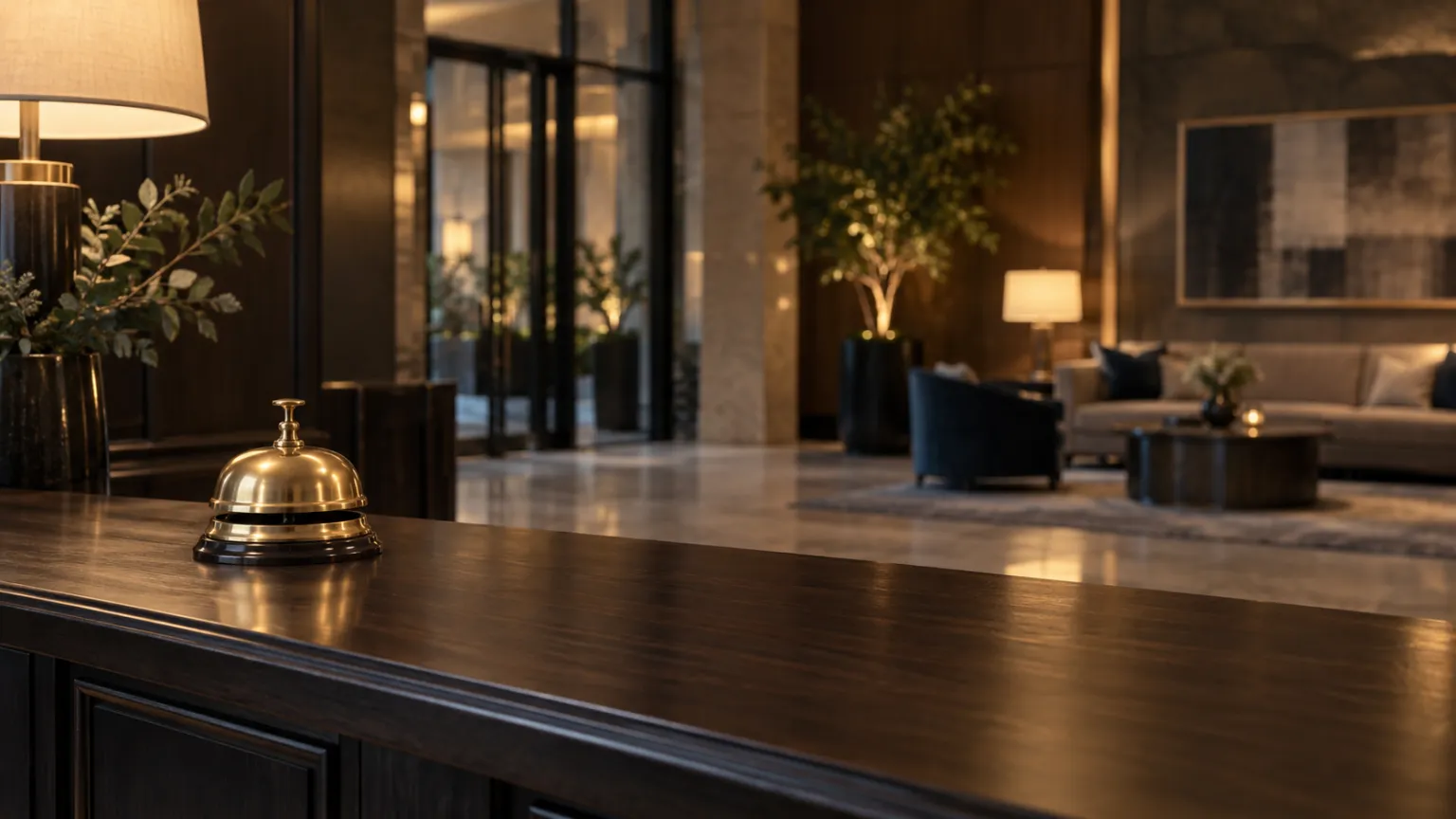 Illustration of a residential lobby with a dark-wood concierge desk and a brass service bell, no signage, warm evening light