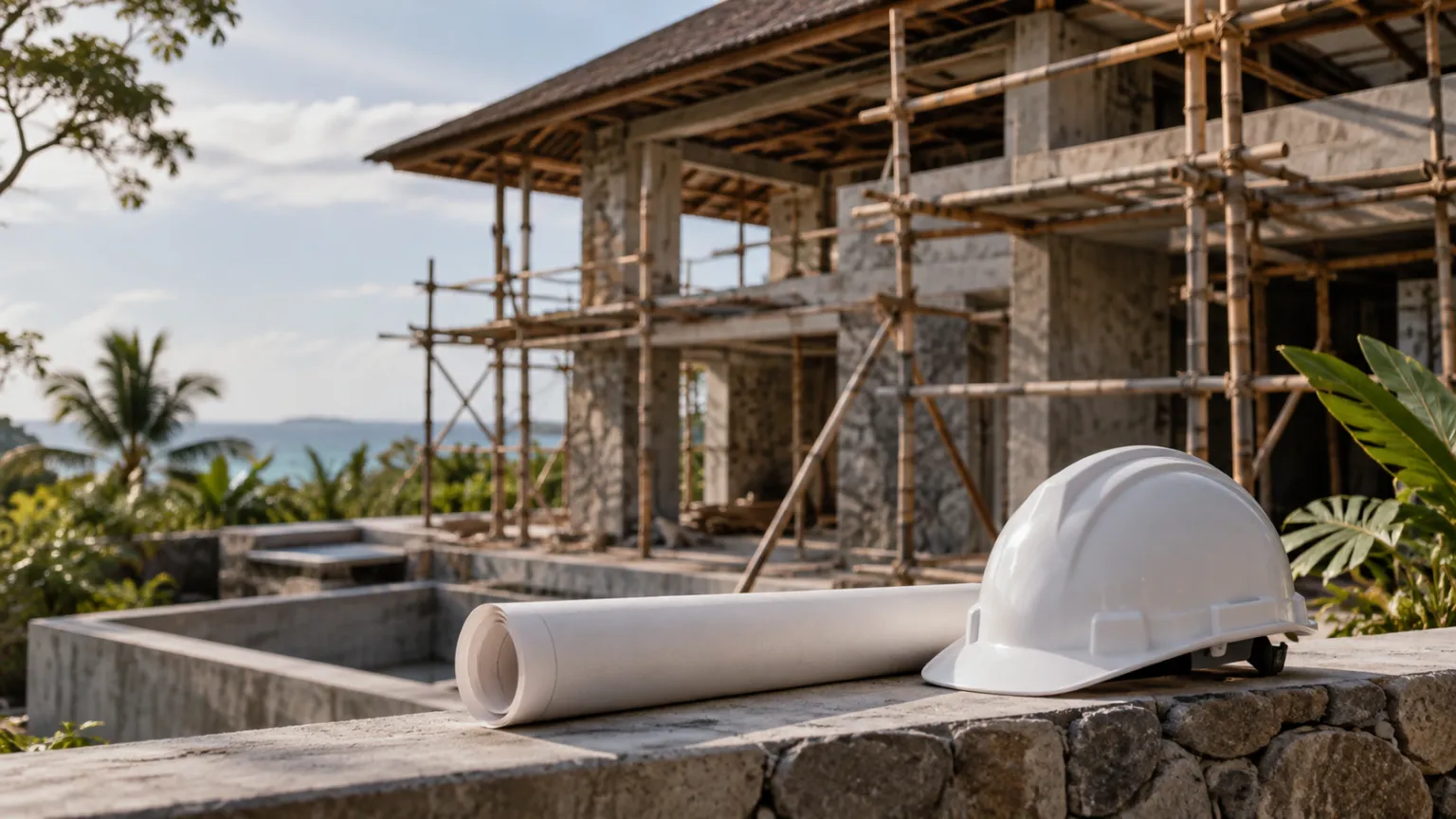 Illustration of bamboo scaffolding on a half-built villa, a rolled blueprint and a hard hat on a low wall, tropical afternoon