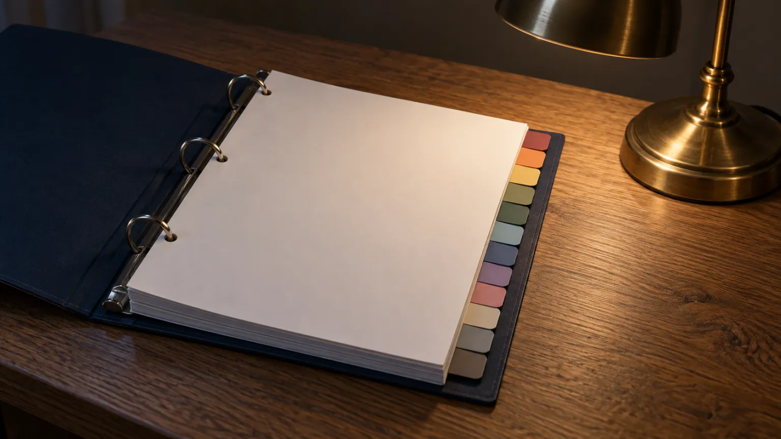Illustration of a thick ring-bound file with twelve plain coloured tabs on an oak desk under a brass lamp in the evening