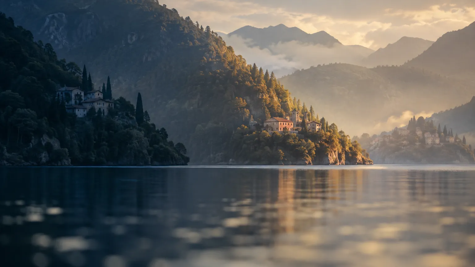 Illustration dreier kleiner Weiler an steilen bewaldeten Hängen, über einen See hinweg am späten Nachmittag gesehen, jedes Ufer in einem anderen Licht
