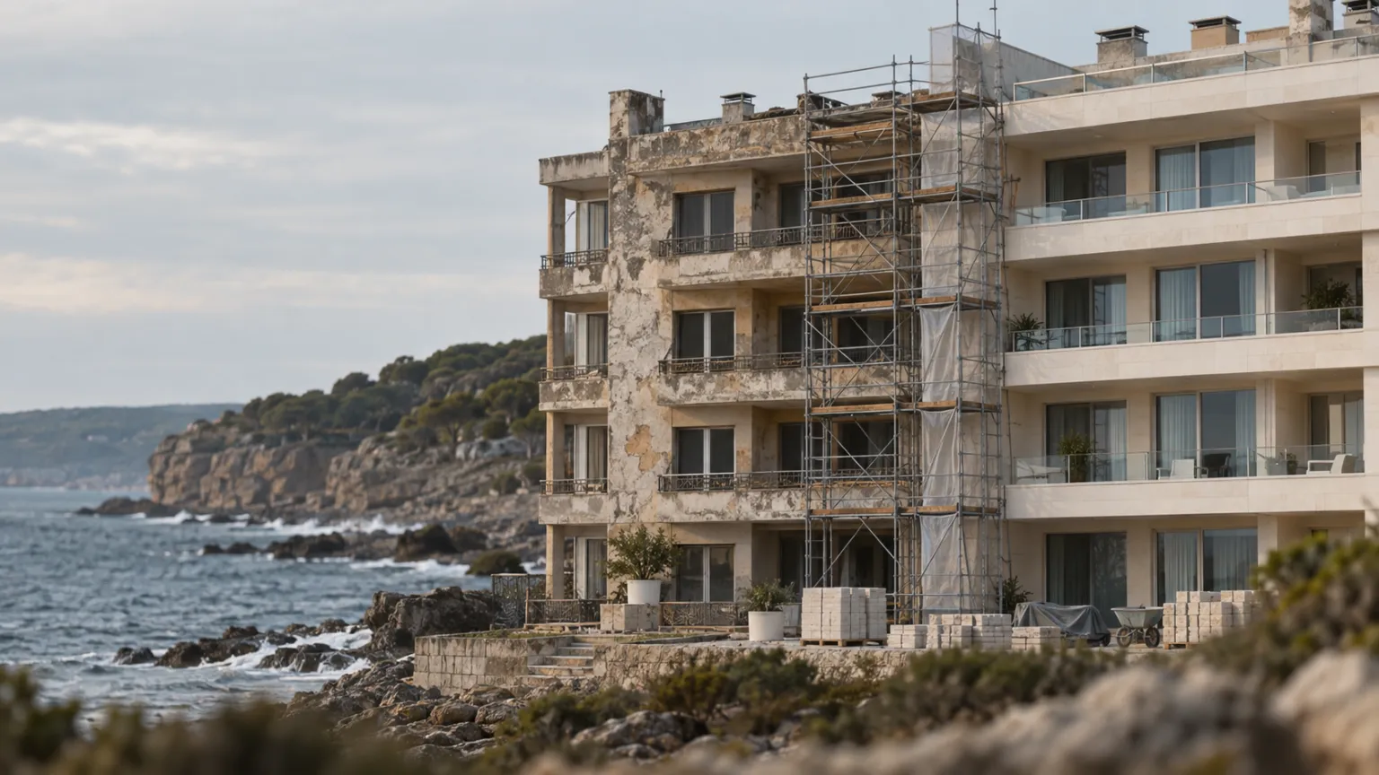 Illustration of a weathered 1970s seaside resort block wrapped in scaffolding, half of its facade already refurbished in pale stone