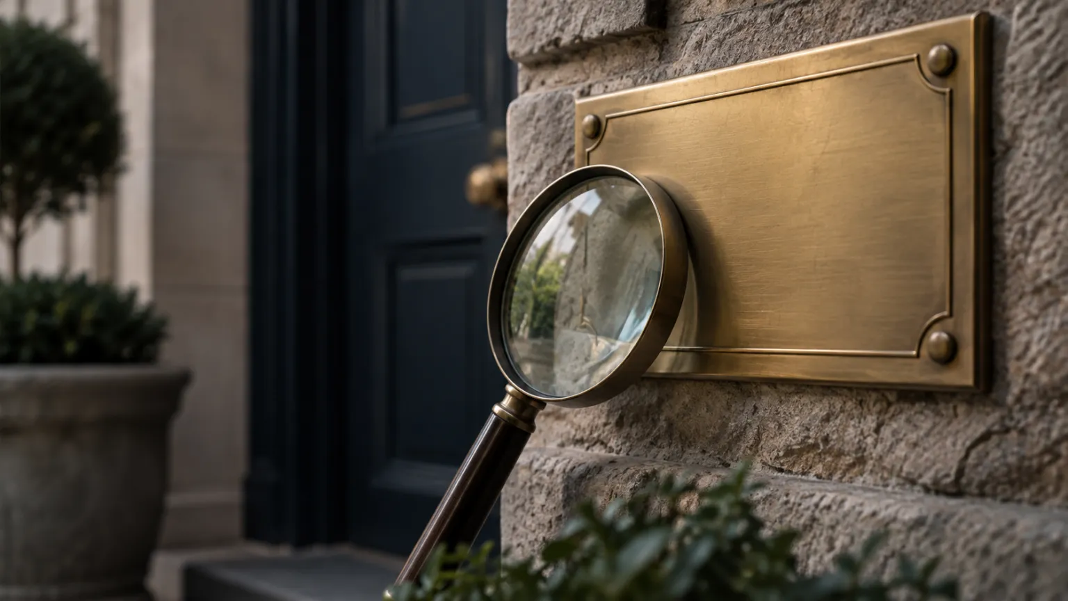 Illustration of a magnifying glass resting against a blank embossed brass plaque on the stone wall of a residential entrance