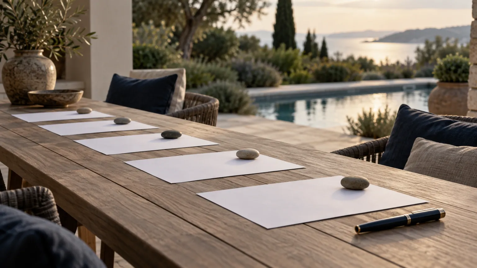Illustration of five blank sheets of paper laid in a row along a weathered wooden terrace table, each held down by a smooth stone, a fountain pen at the end of the row and a villa pool and the sea beyond in evening light