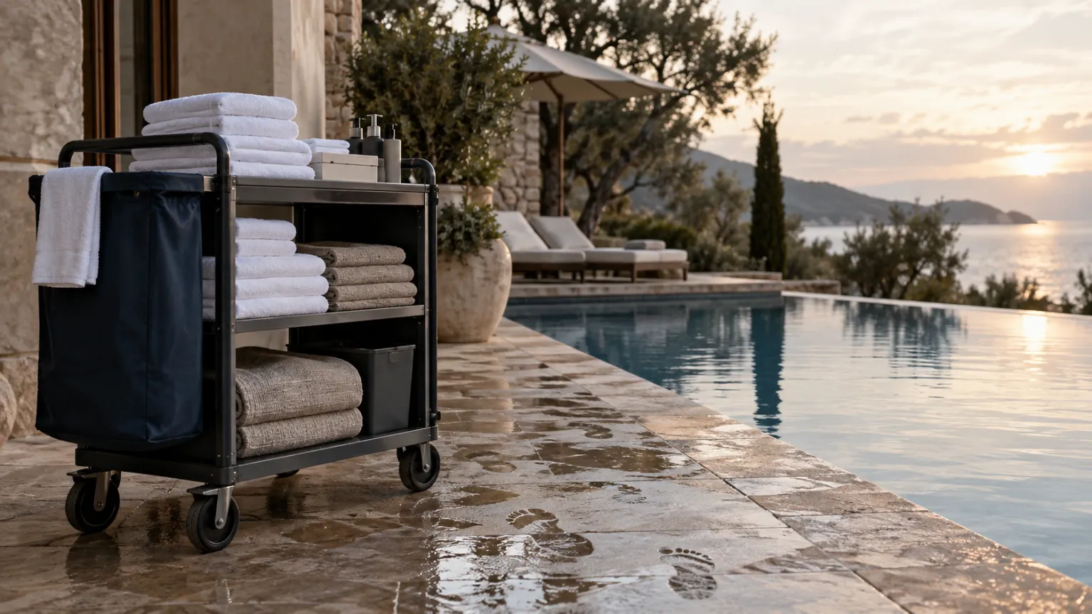 Illustrazione di un carrello per le pulizie con biancheria piegata accanto alla piscina di una villa al mattino, con impronte sulla pietra bagnata