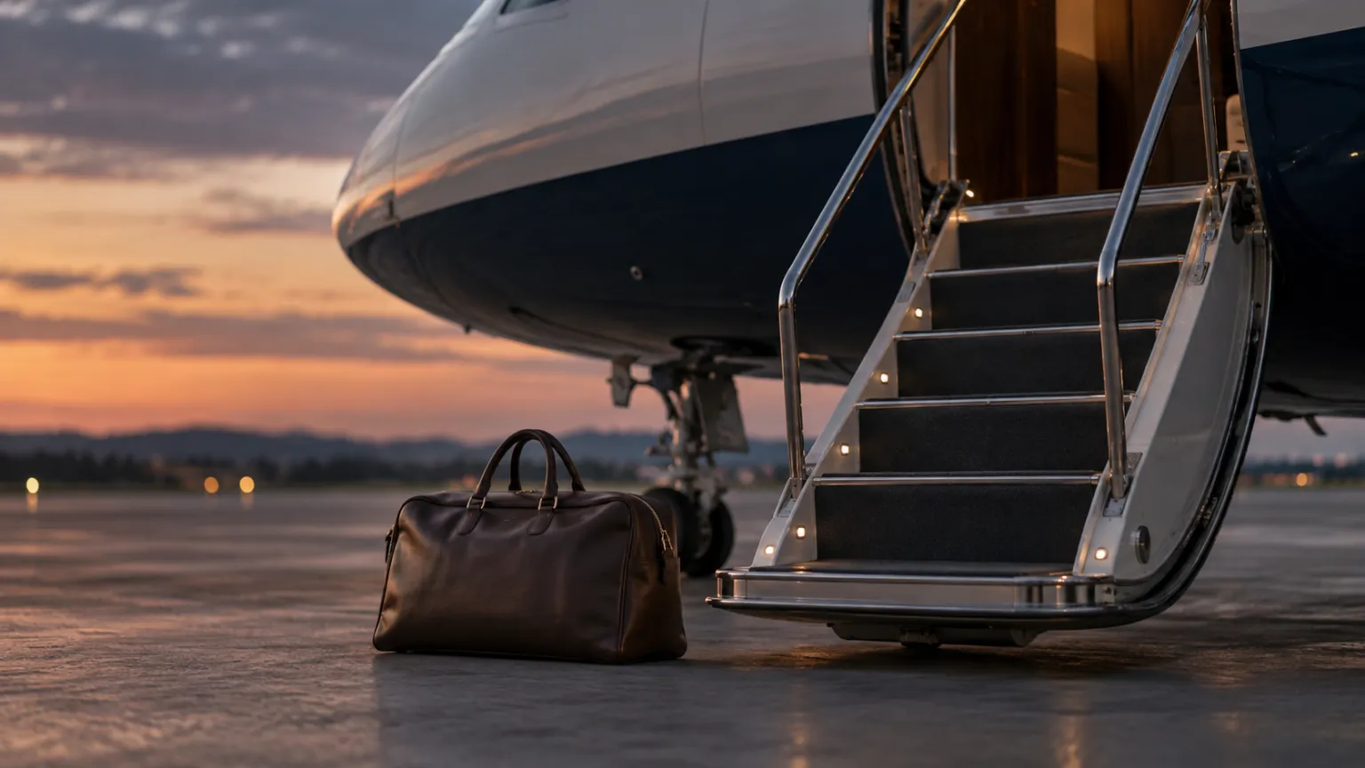 Illustration of a private aircraft stair at dusk with a single leather travel bag on the apron, no markings