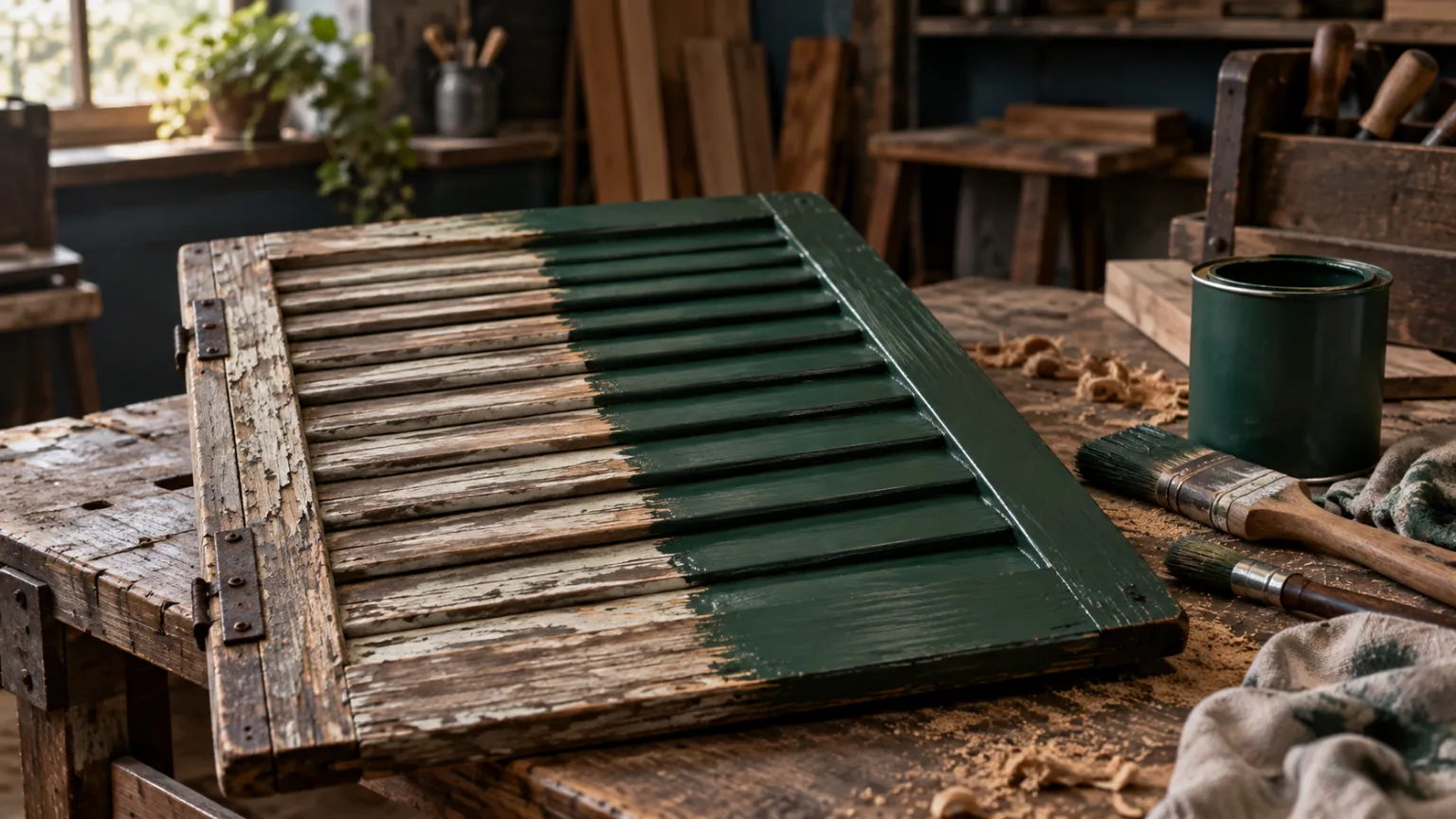 Illustration of an old wooden shutter half weathered and half freshly repainted in deep green on a carpenter's workbench, brushes and a plain paint tin beside it