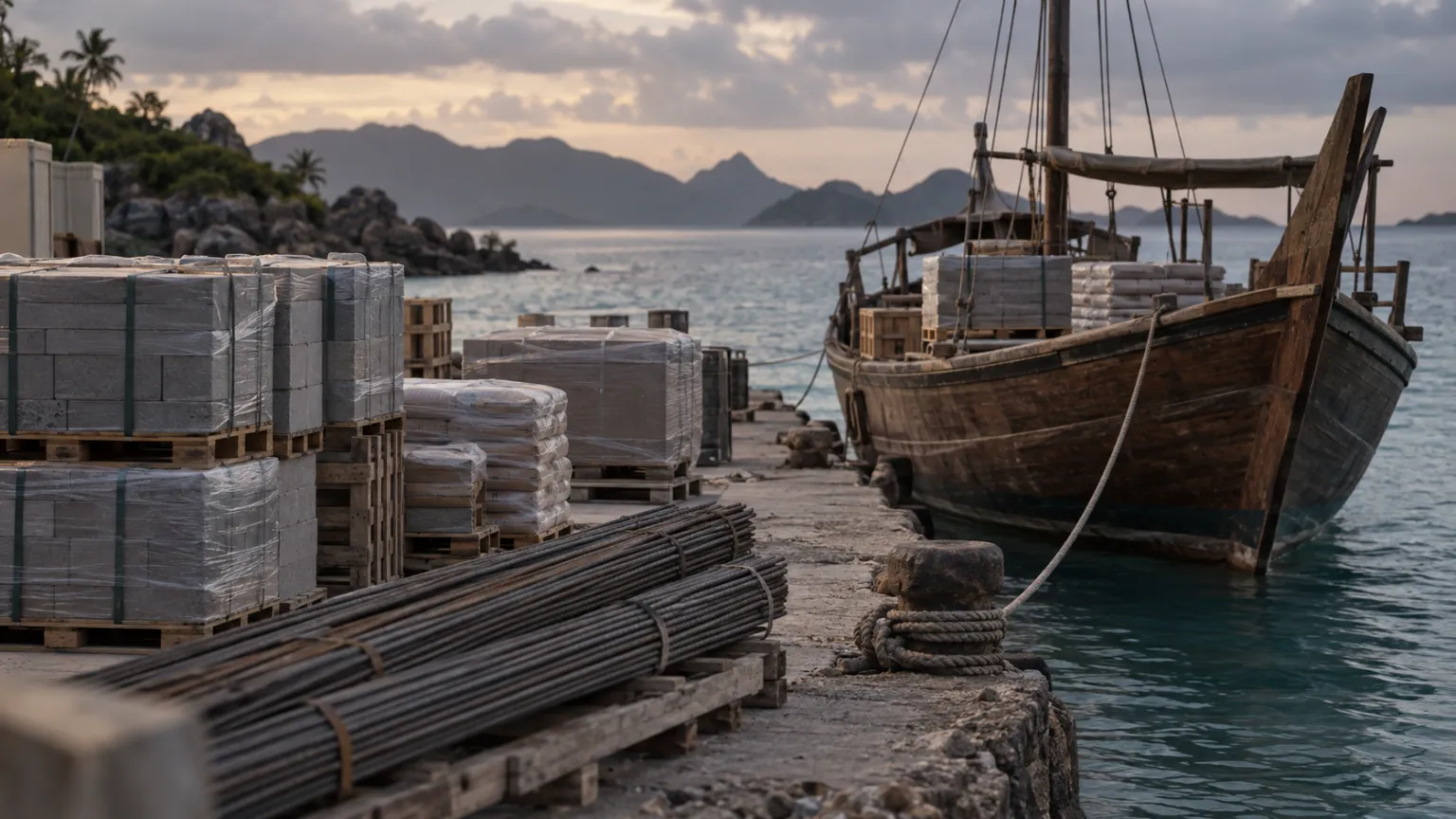 Illustration of pallets of building materials and steel rebar stacked on a small island jetty, a cargo dhow moored alongside