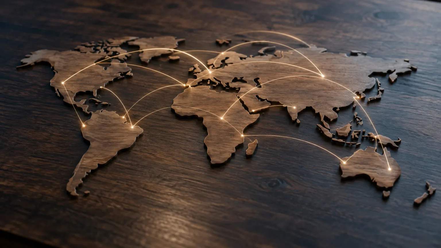 Illustration of a world map carved in low relief on a dark wooden table, thin lines of warm light arcing between the continents