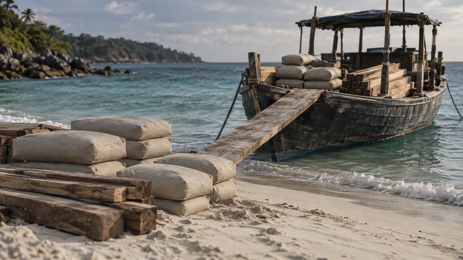 Illustration of a small timber boat unloading cement sacks and timber onto a white beach, no branding