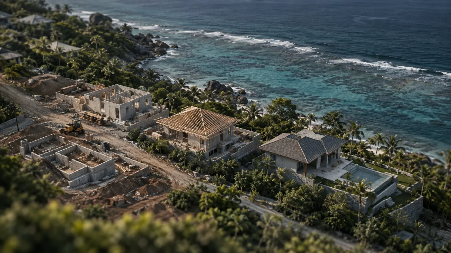 Illustration of several villa construction sites along a tropical coast seen from above, each at a different stage, reef offshore
