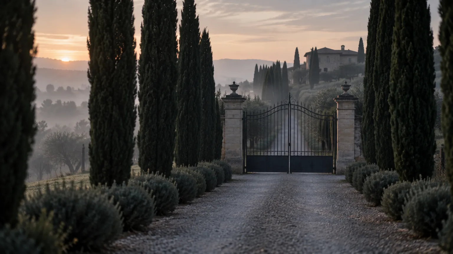 Illustration of a gravel drive lined with tall cypress trees and lavender leading to a closed wrought-iron villa gate at dawn, mist over the hills beyond