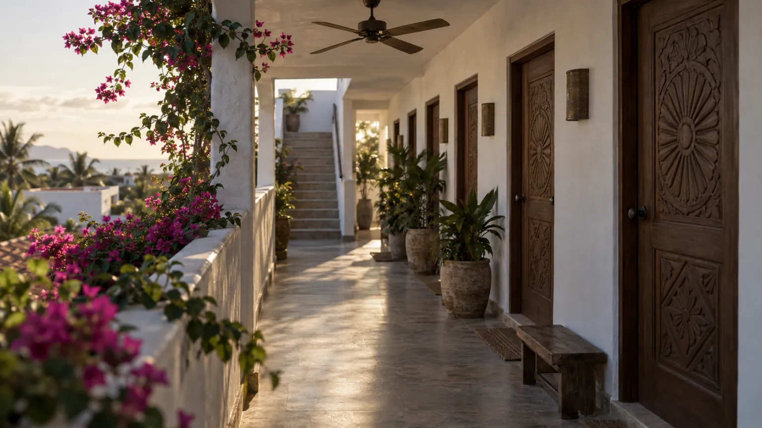 Illustration of a shared open-air walkway on the upper floor of a whitewashed apartment building, a row of carved wooden front doors, a common staircase at the far end and bougainvillea over the parapet