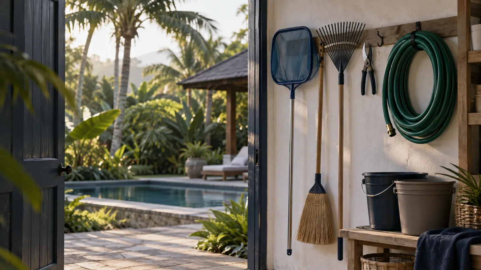 Illustrazione di un retino per la piscina, un rastrello, una scopa, cesoie da potatura e un tubo arrotolato appesi alla parete imbiancata a calce del ripostiglio del giardino di una villa, secchi semplici su una panca, con la piscina e il giardino di palme visibili attraverso la porta aperta