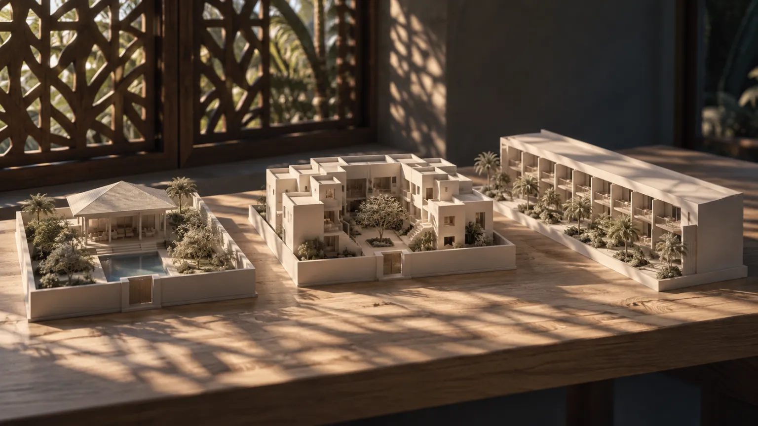 Illustration dreier weißer Architekturmodelle nebeneinander auf einem Holztisch: eine ummauerte Villa mit Pool, ein kleiner Apartmentblock um einen Innenhof und ein langer Hotelflügel, im Licht, das durch einen geschnitzten Holzschirm fällt
