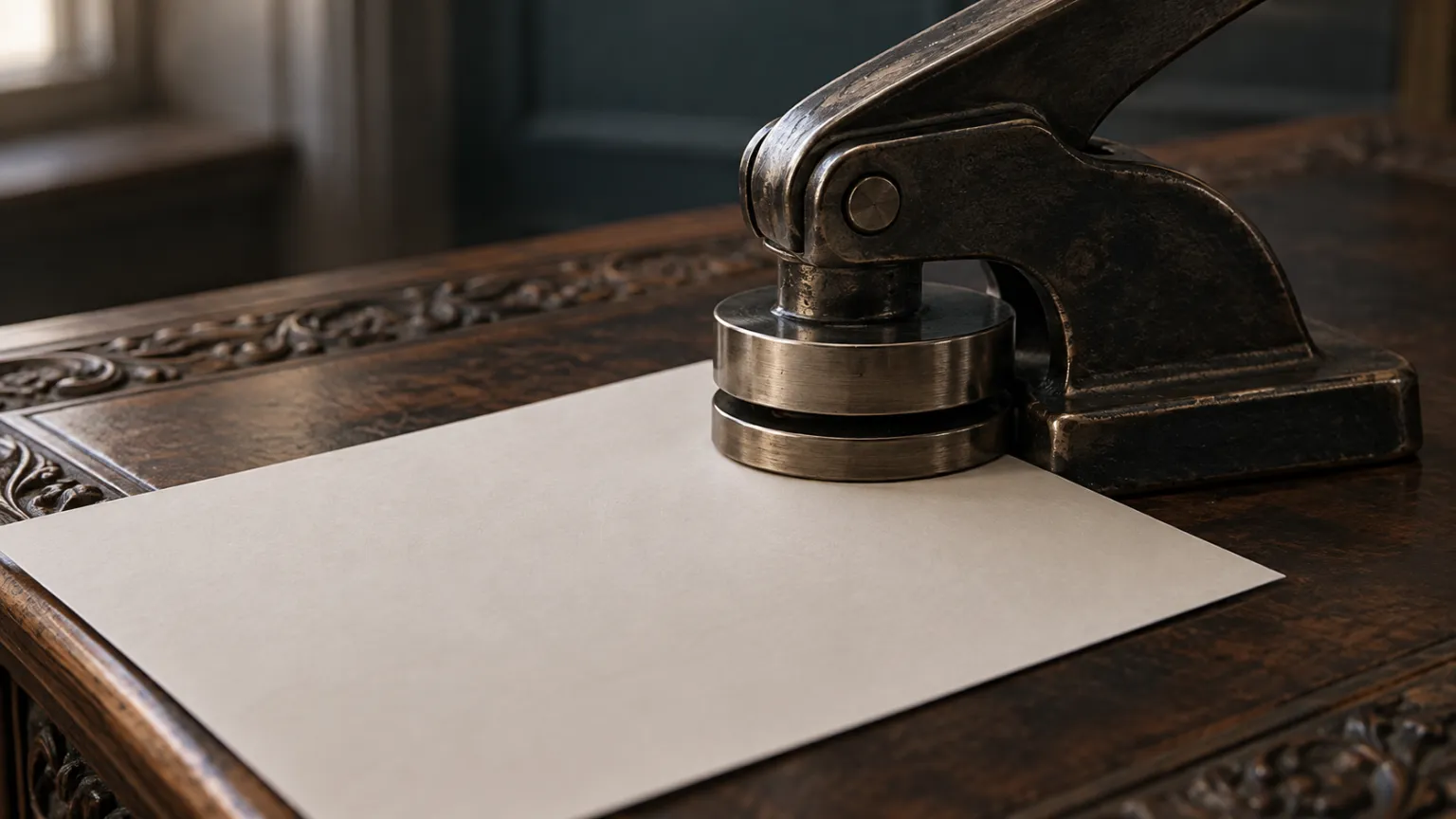 Illustration of a heavy embossing seal pressing into a blank sheet of paper on a carved wooden desk