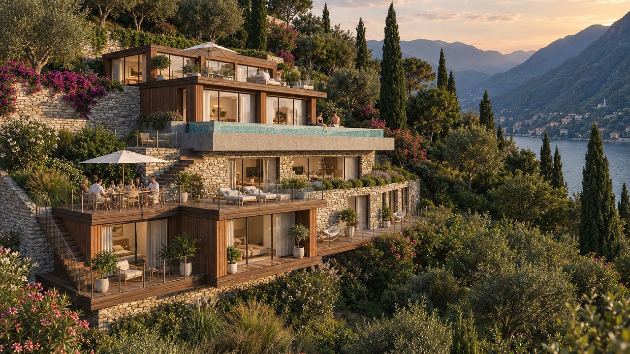 Computer-generated image of the villa in Pognana Lario at sunset, with terraced levels and an infinity pool above Lake Como