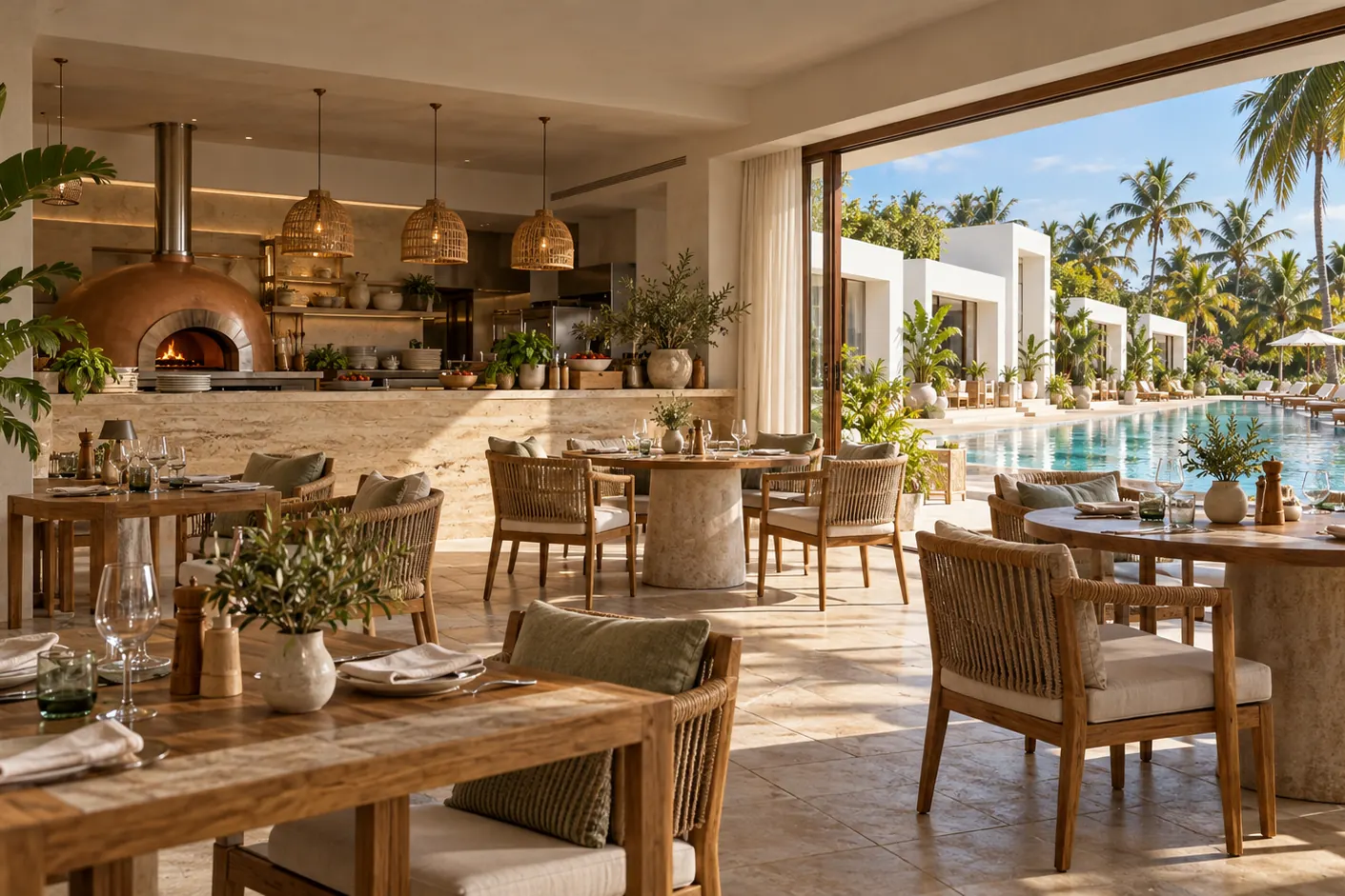 Computer-generated image of a restaurant opening onto the hotel pool