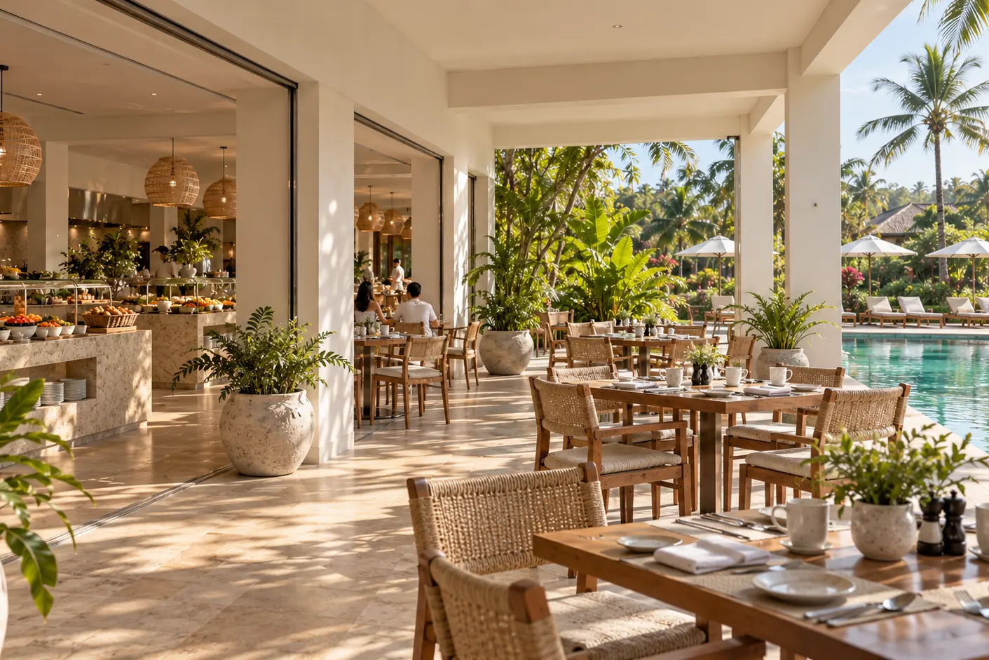 Computer-generated image of a shaded dining terrace beside the pool