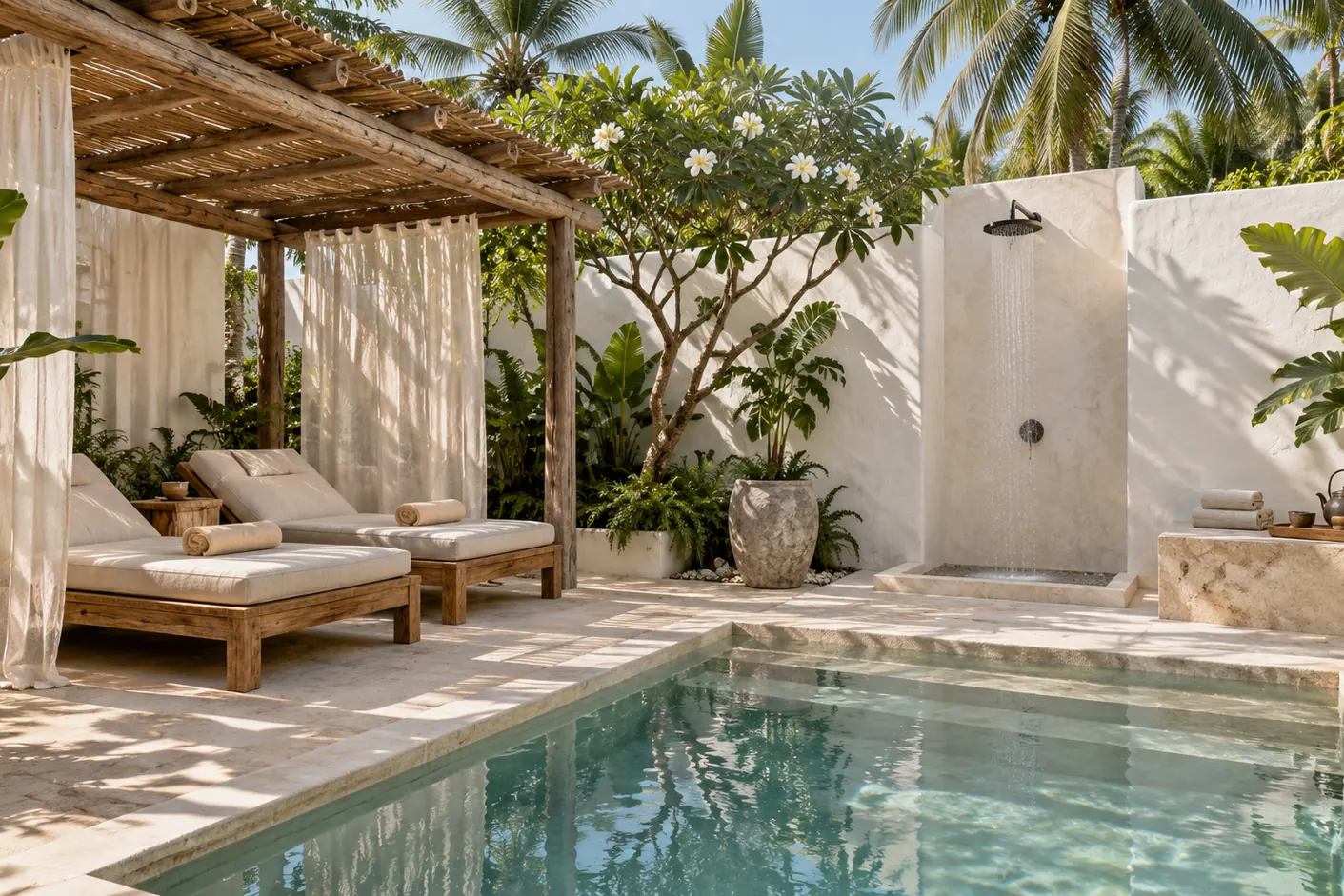 Computer-generated image of the spa courtyard with a stone pool and loungers