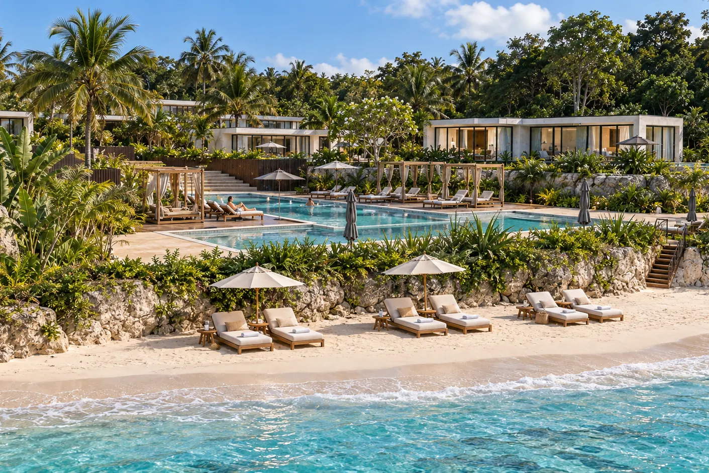 Computer-generated image of sun loungers on the sand below the coral rock edge, with the pool and the villas behind