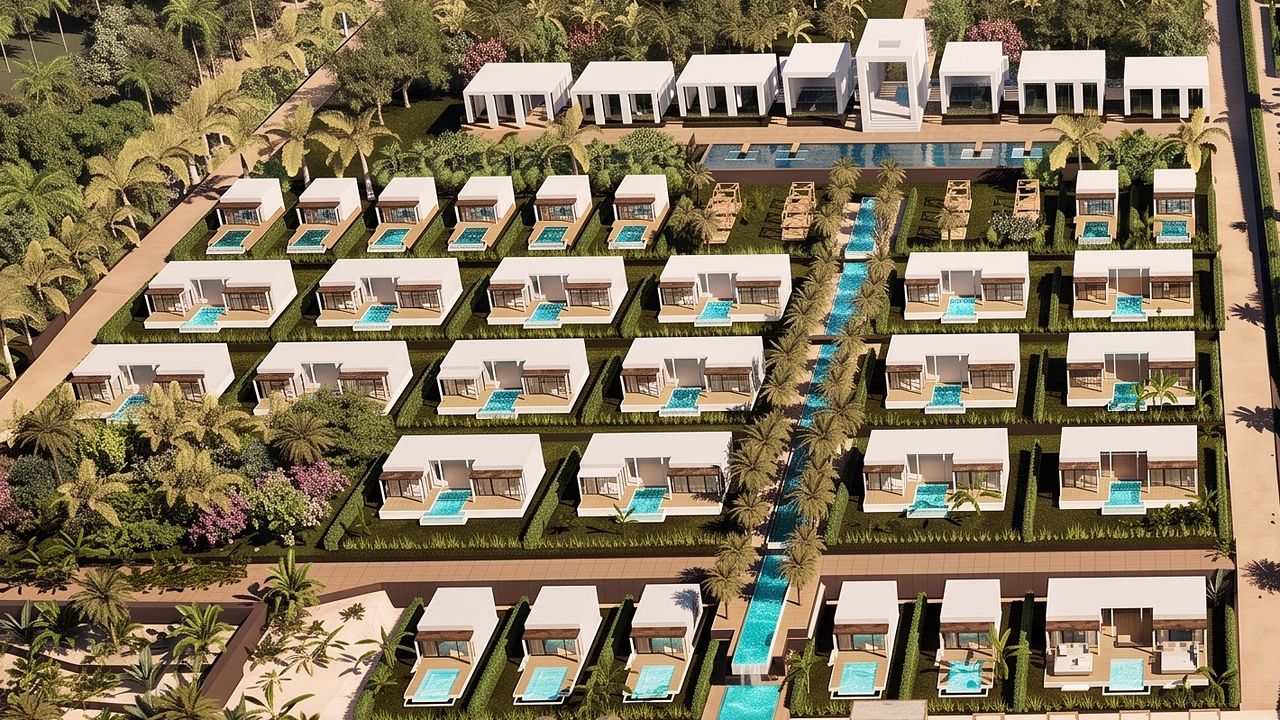 Computer-generated image of the hotel pavilions along the water channel in Zanzibar, seen from above