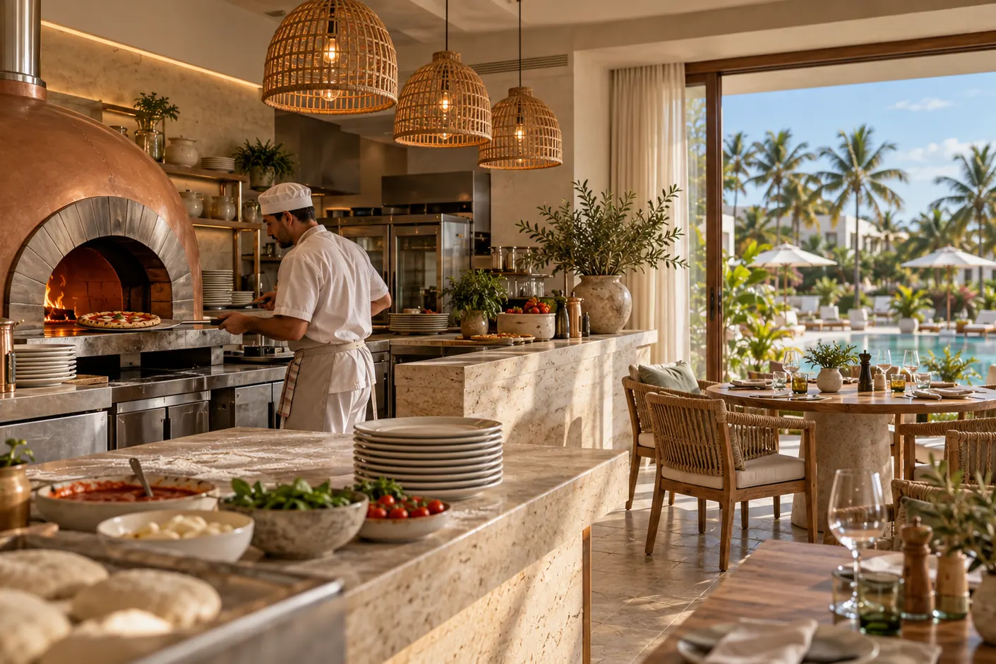 Computer-generated image of a wood-fired oven and an open kitchen in a restaurant facing the pool