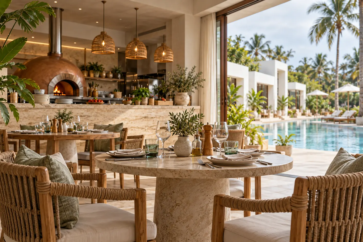 Computer-generated image of a round stone table laid in a restaurant opening onto the hotel pool