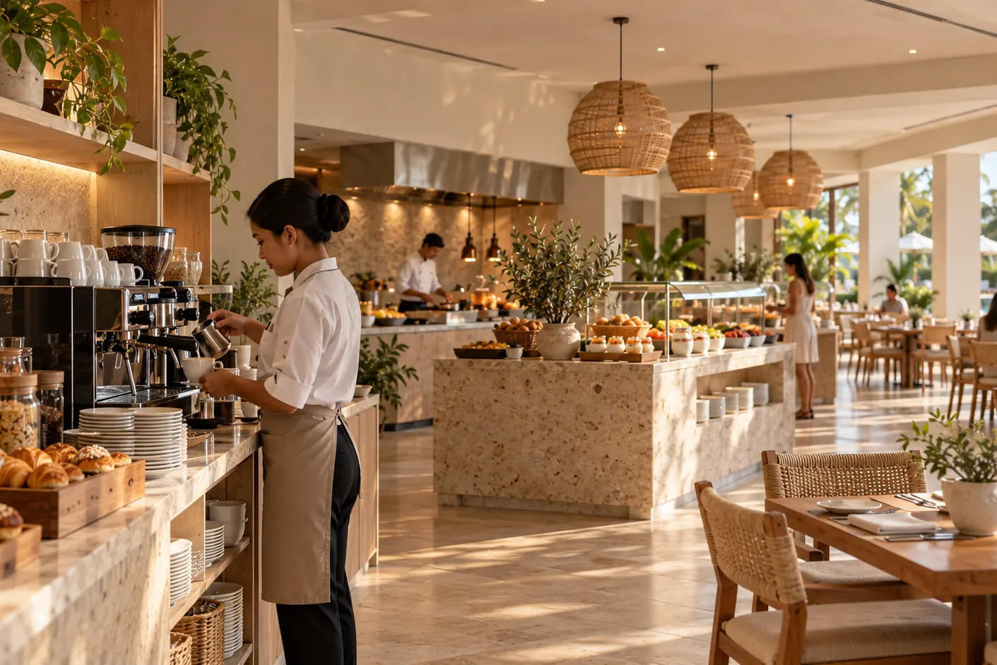 Computer-generated image of a breakfast room with a coffee bar and buffet counters