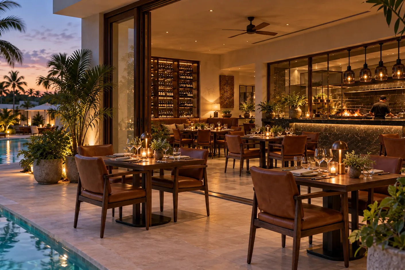 Computer-generated image of a restaurant terrace by the pool at dusk, with an open grill and a wine wall