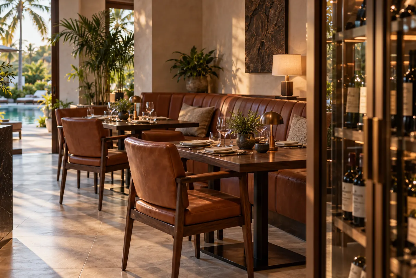 Computer-generated image of a lounge corner with leather seating beside a glass wine cabinet