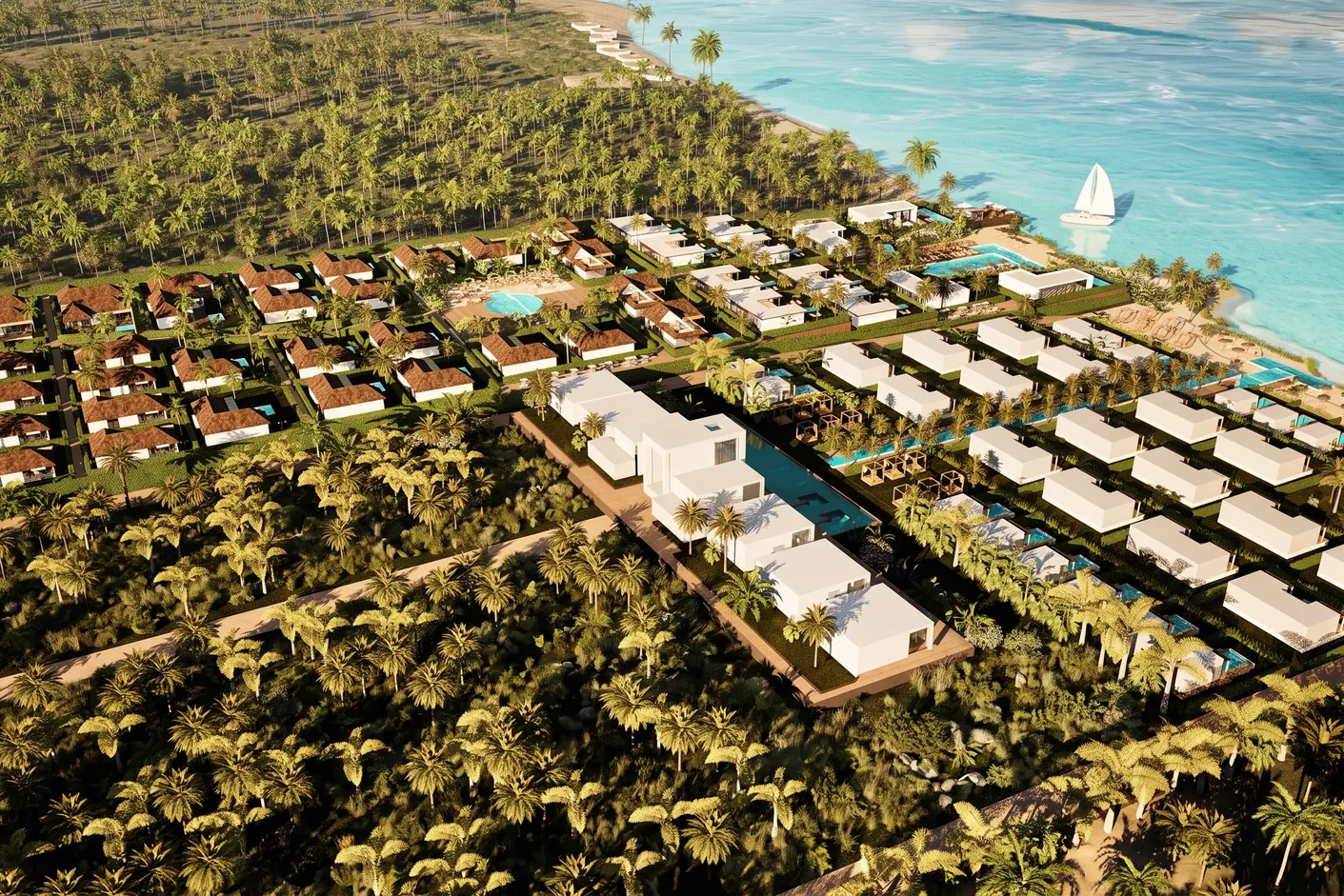 Computer-generated image of the resort from inland at sunset, with the hotel, the villas and the sea beyond