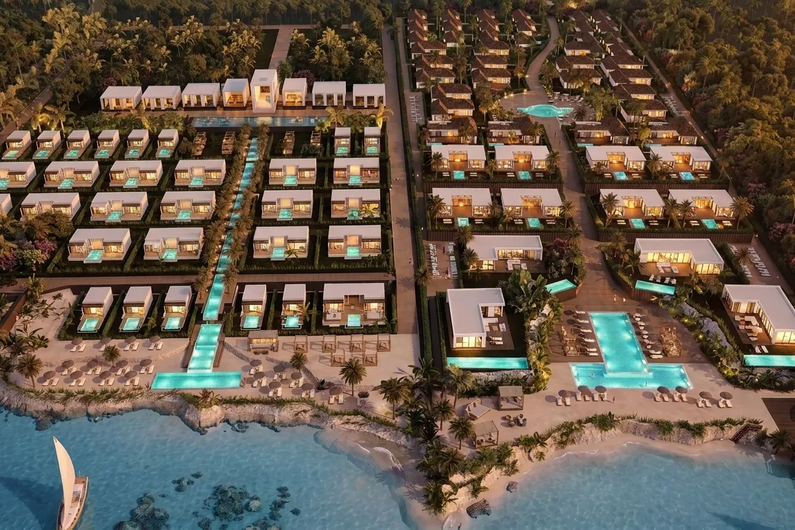 Computer-generated image of the hotel and the villas seen from the sea in the warm evening light