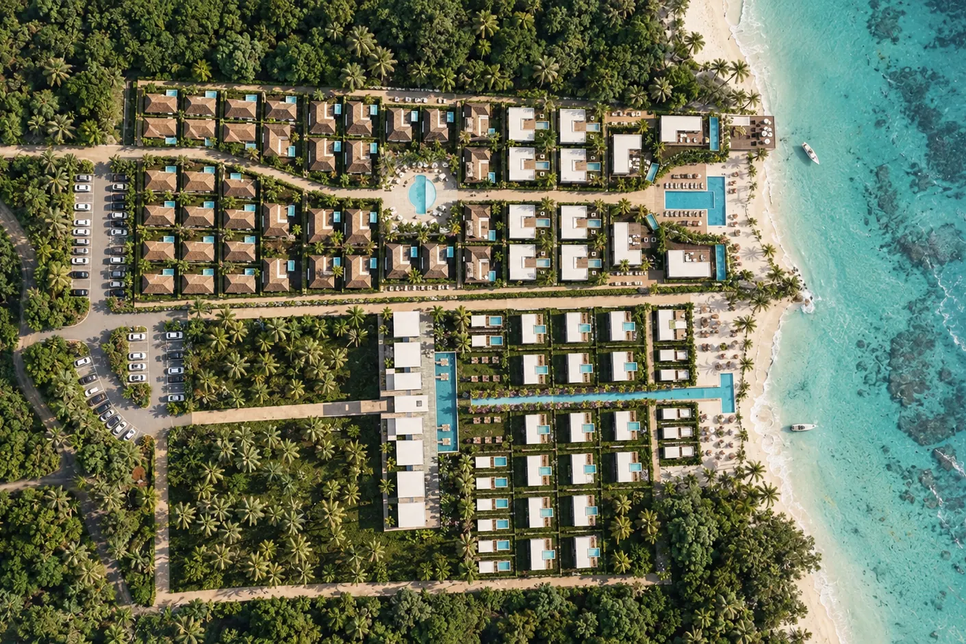 Computer-generated image of the whole site seen from directly above, between the tropical vegetation and the sea