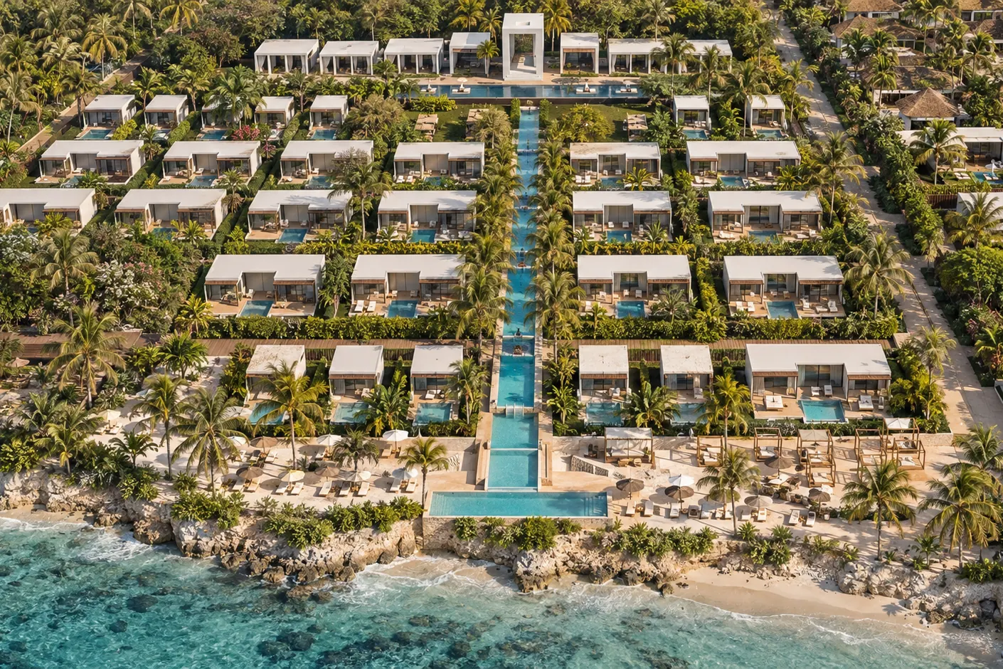 Computer-generated image of the hotel's central water channel leading to the sea, seen from above