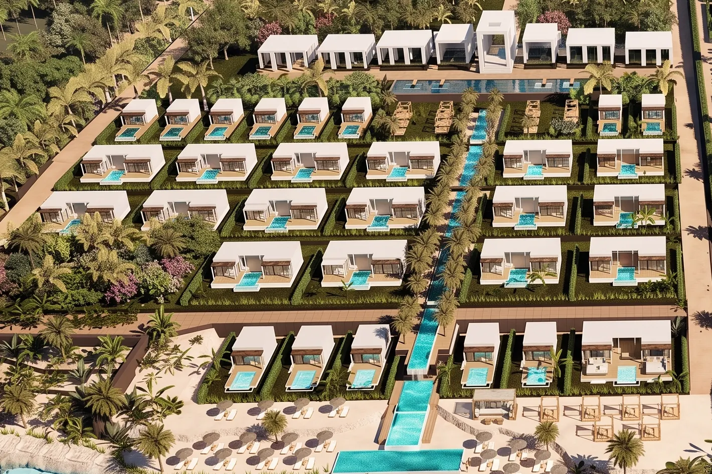 Computer-generated image of the hotel pavilions along the water channel, seen from above